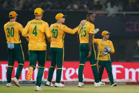Kagiso Rabada (sort of) celebrates the wicket of Tim Seifert.