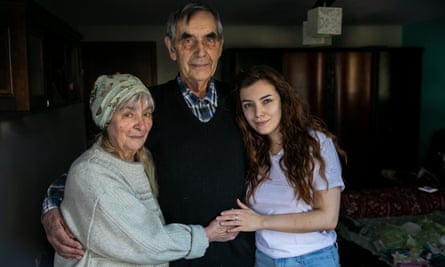 Katerina Shukh with her grandparents, Kateryna Nemenushyaya and Viktor Nemeenushiy, in Borzęcin Duży, Poland, last week