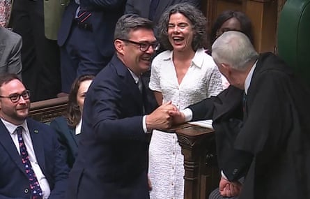 Andy Burnham shakes hands with the Commons speaker, Lindsay Hoyle.