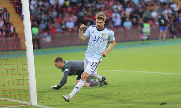 Stuart Armstrong of Scotland scores his team's second goal during the Nations League League B Group 1 match against Armenia.