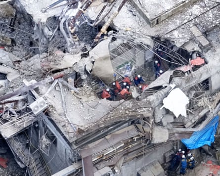 Aerial image of a rescue operation in a damaged factory building