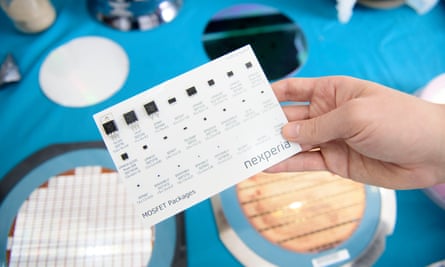 Examples of Nexperia’s switches and a silicon wafer at the Newport plant.