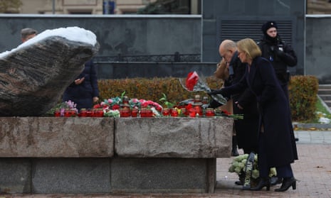 British Ambassador to Russia Deborah Bronnert lays flowers at the Solovetsky Stone memorial on the eve of a remembrance day for the victims of political repression in Moscow, Russia, 29 October.
