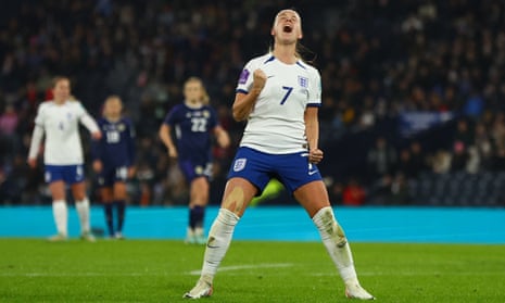 England's Beth Mead celebrates scoring their fourth goal.