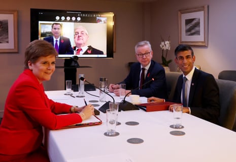 (L-R): Nicola Sturgeon, Jeremy Hunt (on screen), Mark Drakeford (on screen), Michael Gove and Rishi Sunak holding a meeting in Blackpool, where the the British Irish Council summit is being held.