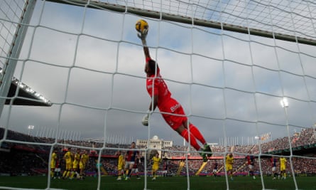 Jasper Cillessen leaps high to make a save against Barcelona.