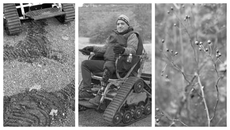 A triptych of Trackchair tracks over gravel terrain, a man in a Trackchair posing for a portrait outside, and berries along the trail