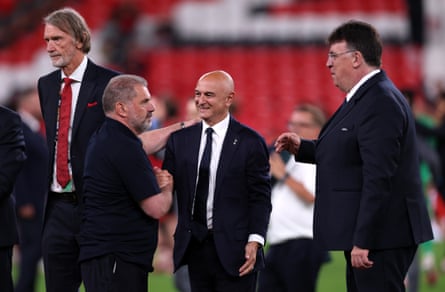 Postecoglou is congratulated by Daniel Levy, the Tottenham chairman, after the Europa League final