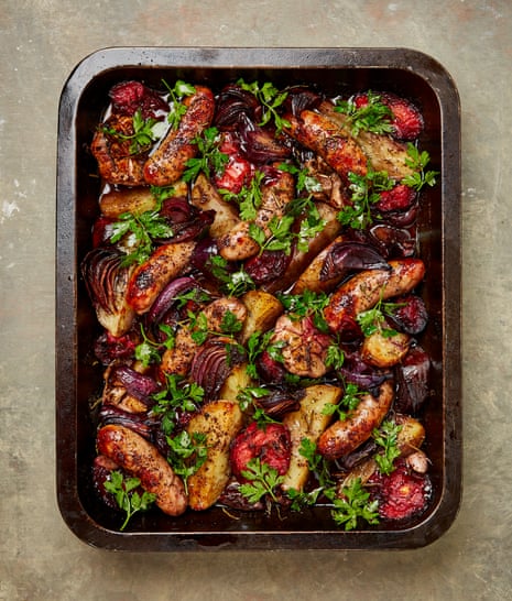 Yotam Ottolenghi’s sticky sweet and sour plums, onions and sausages.