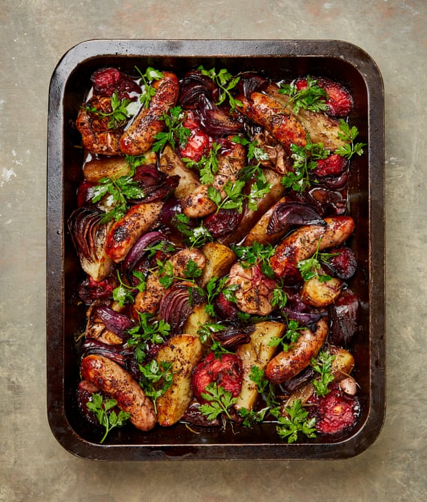 Yotam Ottolenghi’s sticky sweet and sour plums, onions and sausages.