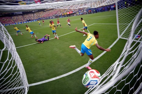 Brazil's Gabriel Magalhaes can’t stop Norway's Patrick Berg scoring, but it is disallowed after a VAR review.