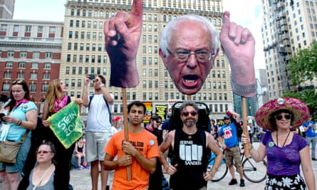 Pro-Bernie Sanders and Green party candidate Jill Stein supporters rally outside city hall during the Democratic national convention in late July.
