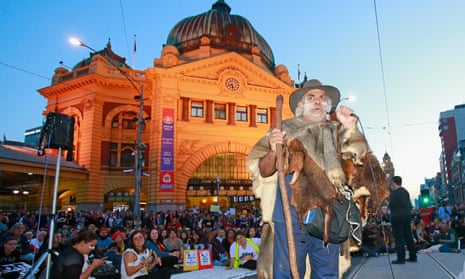 Gary Murray, chairman of the Northwest Region Aboriginal Cultural Heritage Board and a member of the Dja Dja Wurrung nation speaks as protesters stage a sit down protest outside Flinders Street Station in Melbourne on Friday.