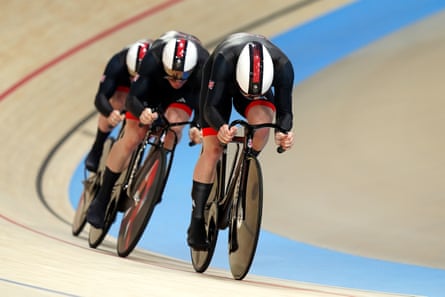 Great Britain's Ed Lowe, Hamish Turnbull and Jack Carlin in action