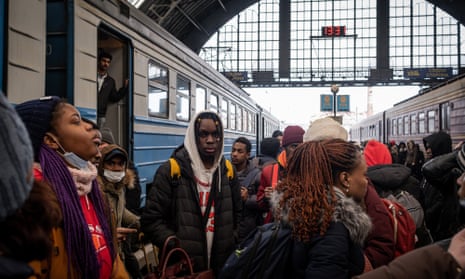 African students arriving at Lviv railway station after being evacuated from Sumy, in eastern Ukraine.