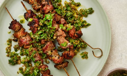 Spiced lamb skewers with caper and oregano salsa