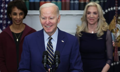 Joe Biden delivers remarks on the February jobs report as Chair of the Council of Economic Advisers Cecilia Rouse (L) and Assistant to the President & Director of the National Economic Council Lael Brainard (R) listen in the Roosevelt Room at the White House this morning.