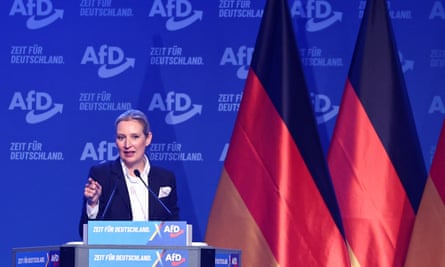 Alice Weidel giving a speech in front of German flags