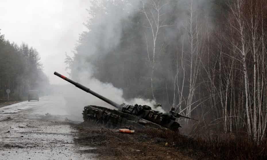 A Russian tank destroyed by the Ukrainian forces in Lugansk region 26 February 2022.