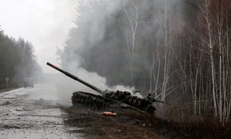 A Russian tank destroyed by the Ukrainian forces in Lugansk region 26 February 2022. 
