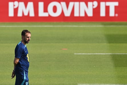 England manager Gareth Southgate takes a training session in Qatar.