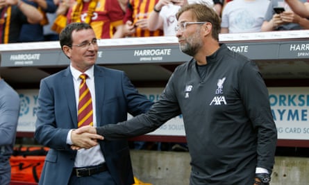 Bradford manager Gary Bowyer shakes hands with Jürgen Klopp during the recent pre-season friendly with Liverpool.