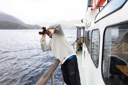 Dr Mattern uses binoculars to look for penguins from onboard a ship