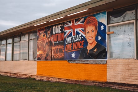 A banner promoting One Nation on the wall of Greenfield’s hotel along the Princes Highway in Traralgon.