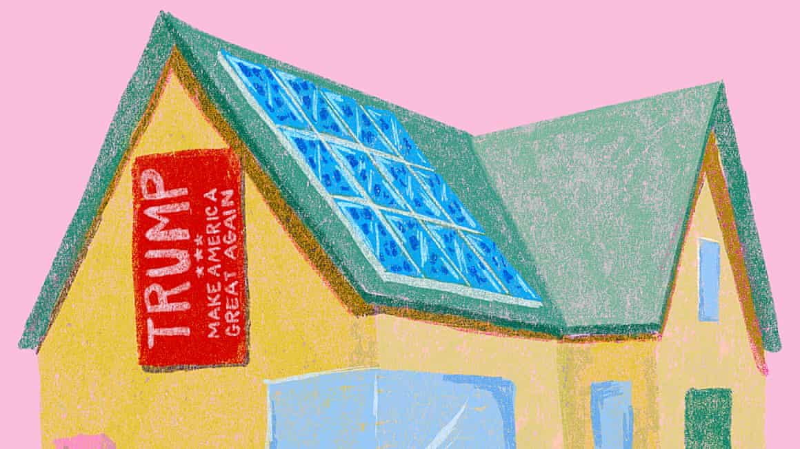 An illustrations of a house with blueish solar panels on a green roof above yellow walls and a red banner hanging down with the words: 'Trump. Make America Great Again.'