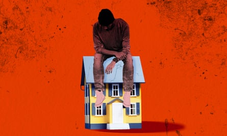 A collage of a man looking unhappy sitting on top of an illustrated house