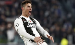 Cristiano Ronaldo celebrates after completing his hat-trick against Atlético Madrid to send Juventus into the Champions League’s last eight. 