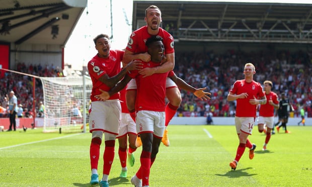 Taiwo Awoniyi celebrates scoring his first goal for Nottingham Forest