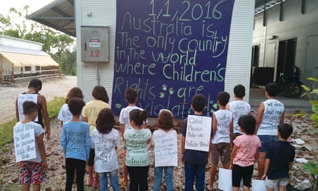 Children from the refugee and asylum seeker community on Nauru take part in a protest against Australia’s immigration policies in 2016. This week the last remaining children were moved off the island. 