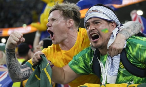 Australian fans react during the World Cup round of 16 soccer match between Argentina and Australia