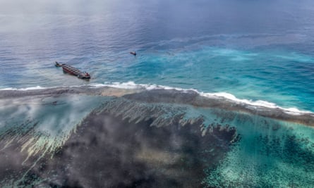 An aerial view taken last week shows a large patch of leaked oil off the coast of south-east Mauritius
