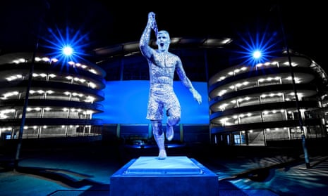 The statue of Sergio Agüero, celebrating his title-winning goal against QPR, outside Manchester City’s Etihad Stadium.