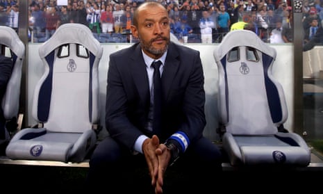 Porto’s head coach Nuno Espírito Santo in the Porto dugout where he spent most of his time as a player. His side face Leicester City in the Champions League on Tuesday.