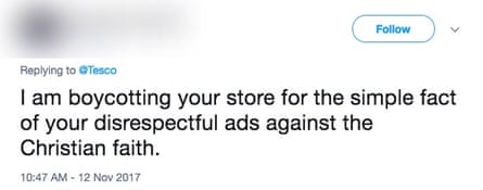 A tweet threatening to boycott Tesco over their Christmas advert