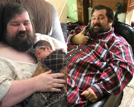 side by side images of a man holding a baby and the same man giving a thumbs up