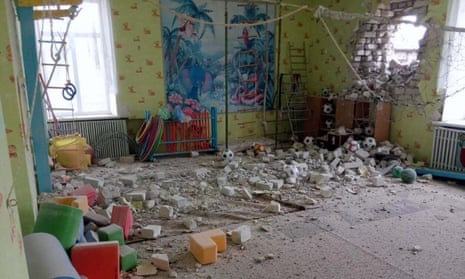 A view from the shelled kindergarten in the settlement of Stanytsia Luhanska, Ukraine.