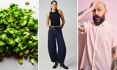 Brussels sprouts, horseshoe jeans by Citizens of Humanity, bald men