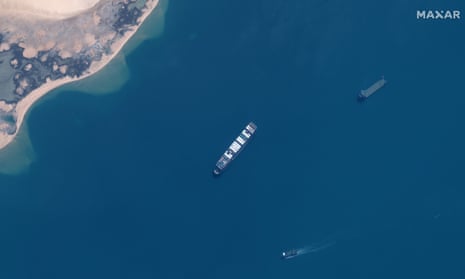 The Ever Given cargo vessel in the Great Bitter Lake on the Suez canal