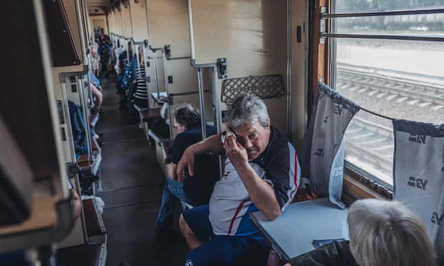 A man evacuated from Avdivka inside an evacuation train in Pokrovsk, Donetsk Oblast, Ukraine, on May 30, 2022.