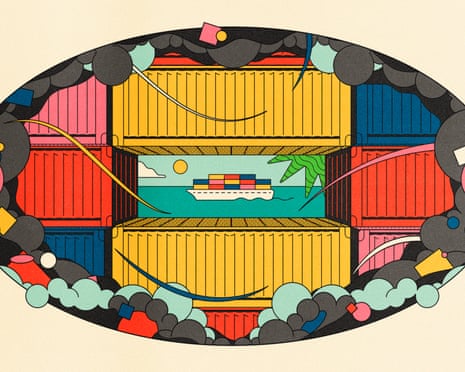 An illustration of shipping containers with a gap in between them through which can be seen a ship sailing on clear waters