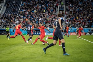 France’s Kylian Mbappé (second from left) takes on Moussa Dembélé (left) and Vincent Kompany of Belgium during the semi-final at the St Petersburg Stadium.