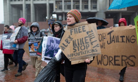 Protesters call for the release of two activists with Migrant Justice and a detained migrant worker in Boston, Massachusetts, on 27 March 2017. 