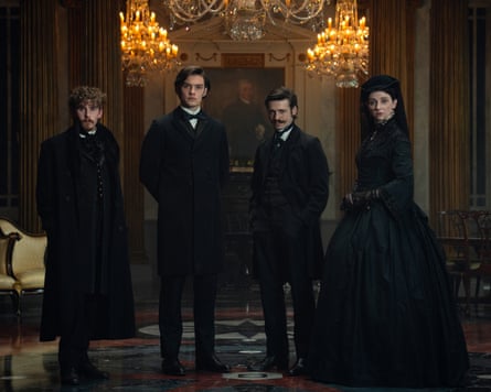 Fionn O’Shea as Benjamin Guinness, Louis Partridge as Edward Guinness, Anthony Boyle as Arthur Guinness and Emily Fairn as Anne Plunket in House of Guinness.
