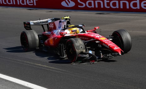 FerrariâÂÂs Lewis Hamilton drives with a broken wing after crashing during SaturdayâÂÂs practice session.
