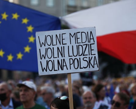 A placard reading ‘Free media. Free people. Free Poland’ is seen at a demonstration in defence of media freedom in Krakow in 2021.