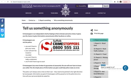 Suffolk Constabulary Website Under The Heading: Tell Us Something Anonymously.